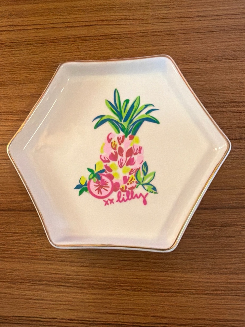 LILLY PULITZER Ceramic Hexagonal TROPICAL PINEAPPLE Trinket Dish 5.5 inches Wide